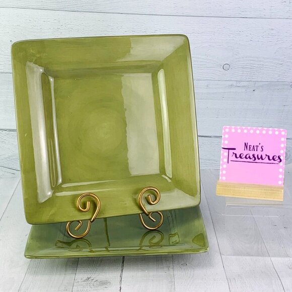 Artimino CIAO 11 Saga Green Handpainted Square Earthenware Dinner Plates Set 2 - Picture 1 of 9